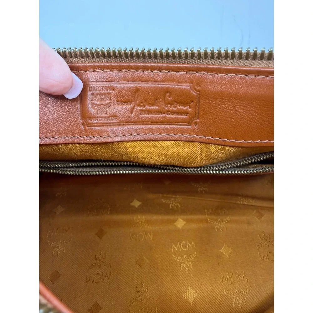 MCM Visetos Boston Bag Cognac Monogram Coated Canvas Satchel G0814‎ 10in